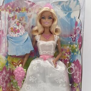 Barbie Royal Bride Doll White Dress Pink Trim Veil Bouquet 12" NEW